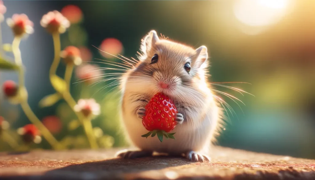 gerbil is eating strawberries