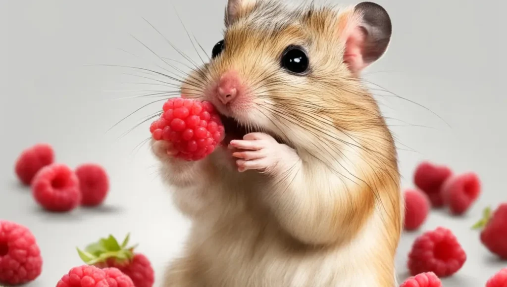a gerbil is eating raspberry