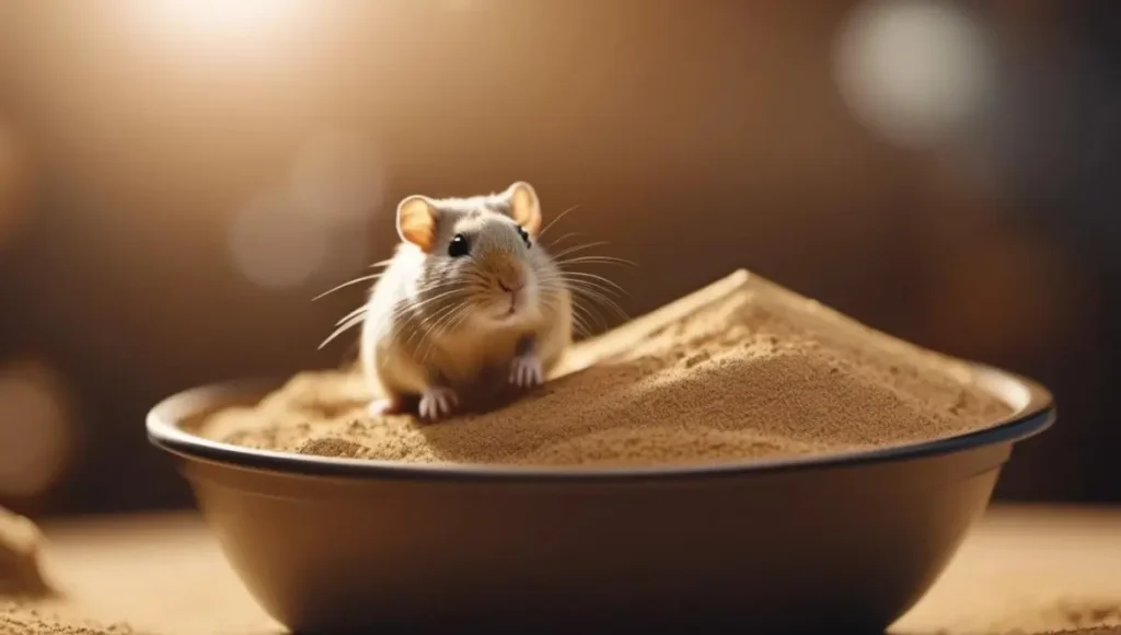 a mouse standing on a bowl of sand